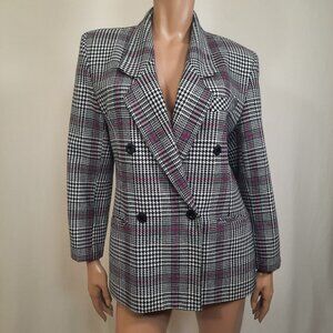 Vintage 90s Blazer M Wool Houndstooth Plaid Black White Pink Double Breasted